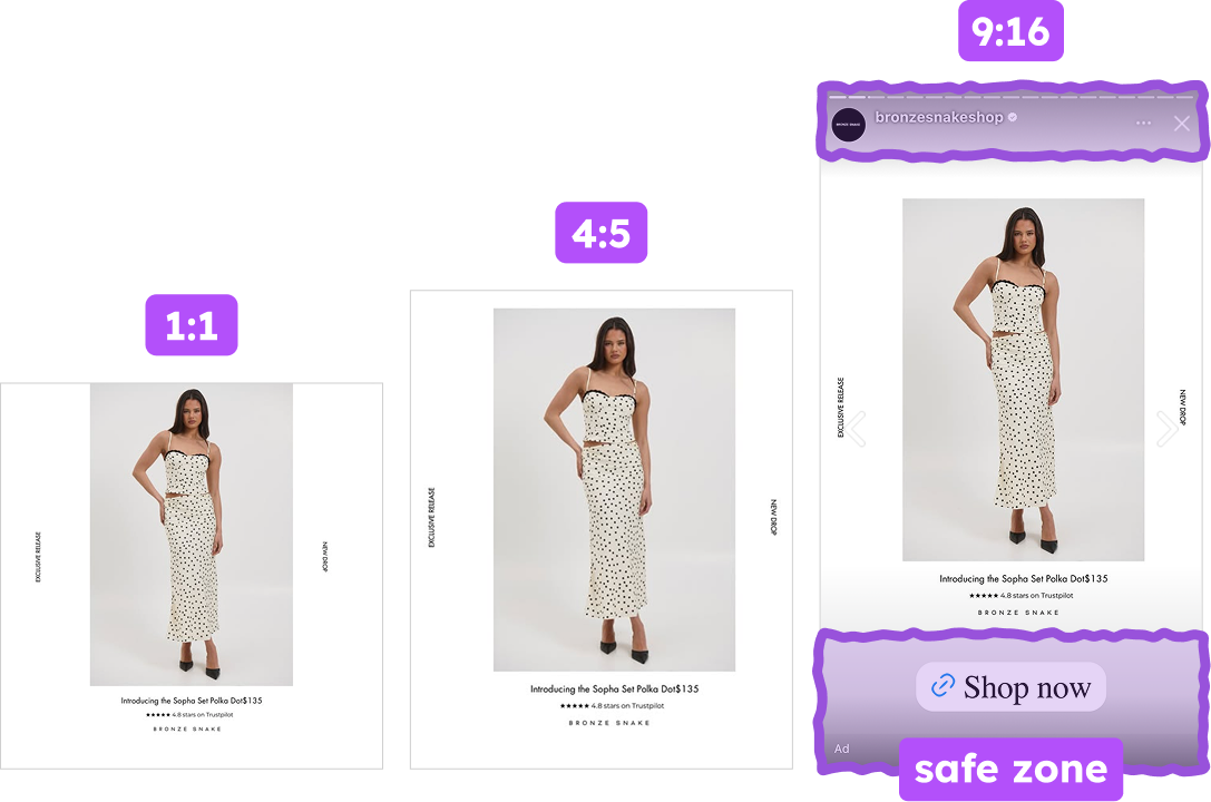 Formats used on bronze snake catalog ads